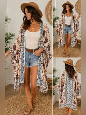 Angie Boho Kimono Cardigan Large | Floral Medallion Flare Sleeve